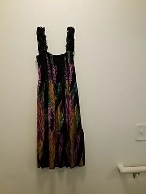 Boho Feather Print Sundress in Black, Purple, Teal & Gold
